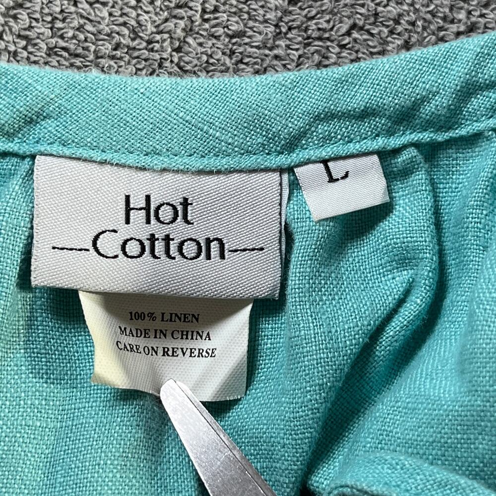 Hot Cotton Top Womens Large Green Linen‎ 3/4 Sleeve Tunic Tie Neck Casual Travel - Picture 6 of 9